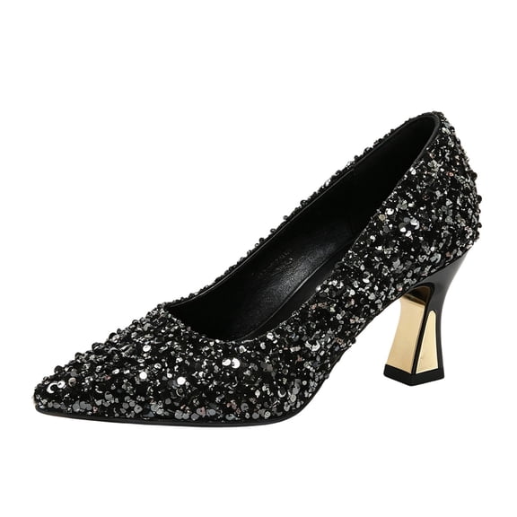 Women's Block Heel Pumps Dress Shoes Pointed Toe Sequin Rhinestone Heels for Party Wedding Evening