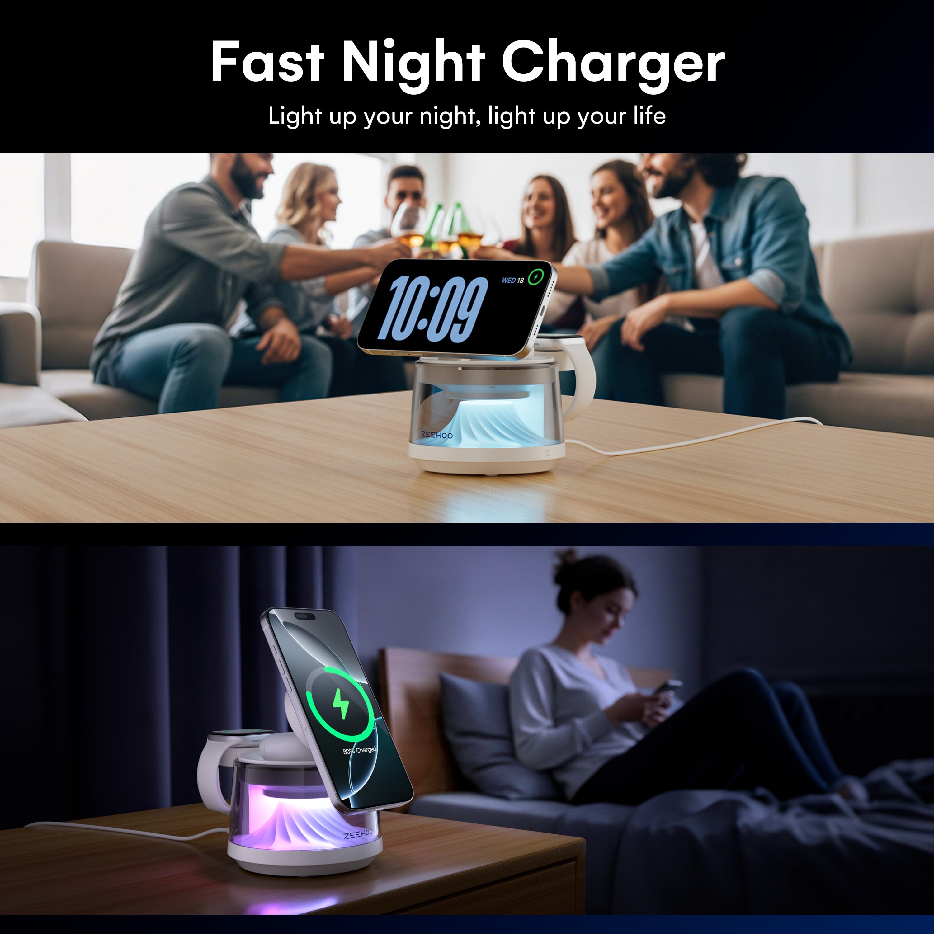 ZEEHOO 4-in-1 Wireless Charging Station with LED Night Light, 15W Fast Wireless Charger Dock for iPhone, AirPods & Apple Watch, Multi-Mode RGB Lamp, Magnetic Charging Stand for Desk & Bedside