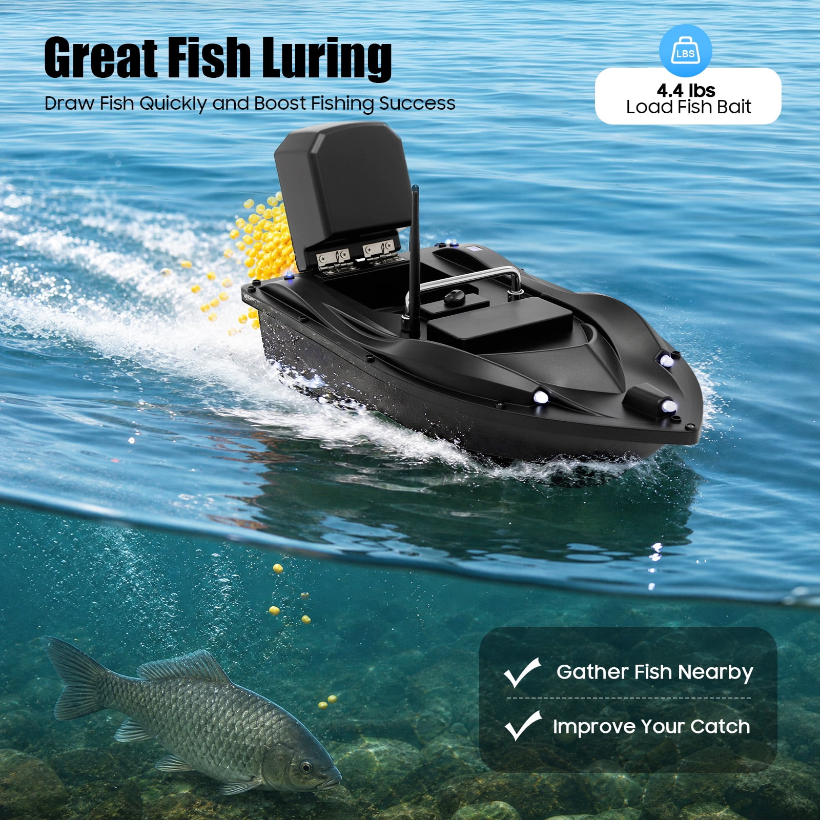 RC Fishing Bait Boat with GPS Auto Return & Remote Control 4.4LBS Load Capacity, Dual Motor ABS Hull, 1968FT / 600M Range, 5200mAh Battery, Carrying Bag, for Lake Fishing (Black)