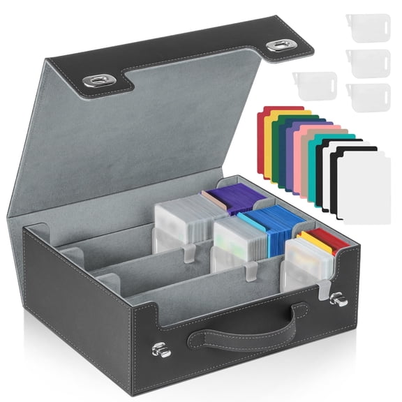 Tecfino Trading Card Storage Box 3-Row 2700 Card Organizer, PU Leather Card Case with Handle and Lock Closure for TCG Game Sports Cards, Gray