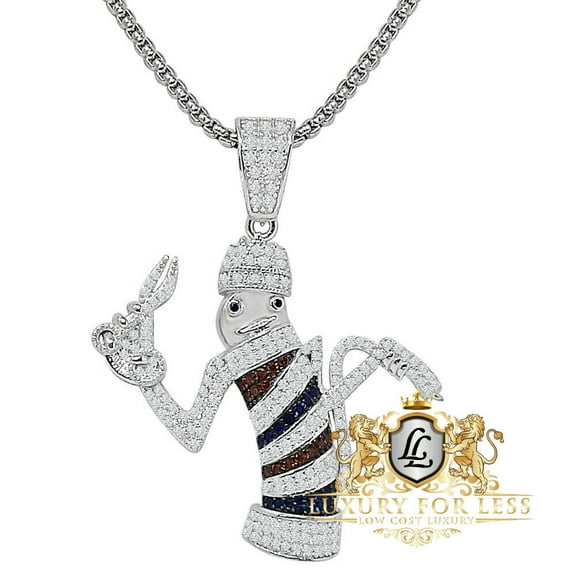 Genuine Sterling Silver 14K White Gold Over Multi Tone Barber Shop Poll Pendent Charm