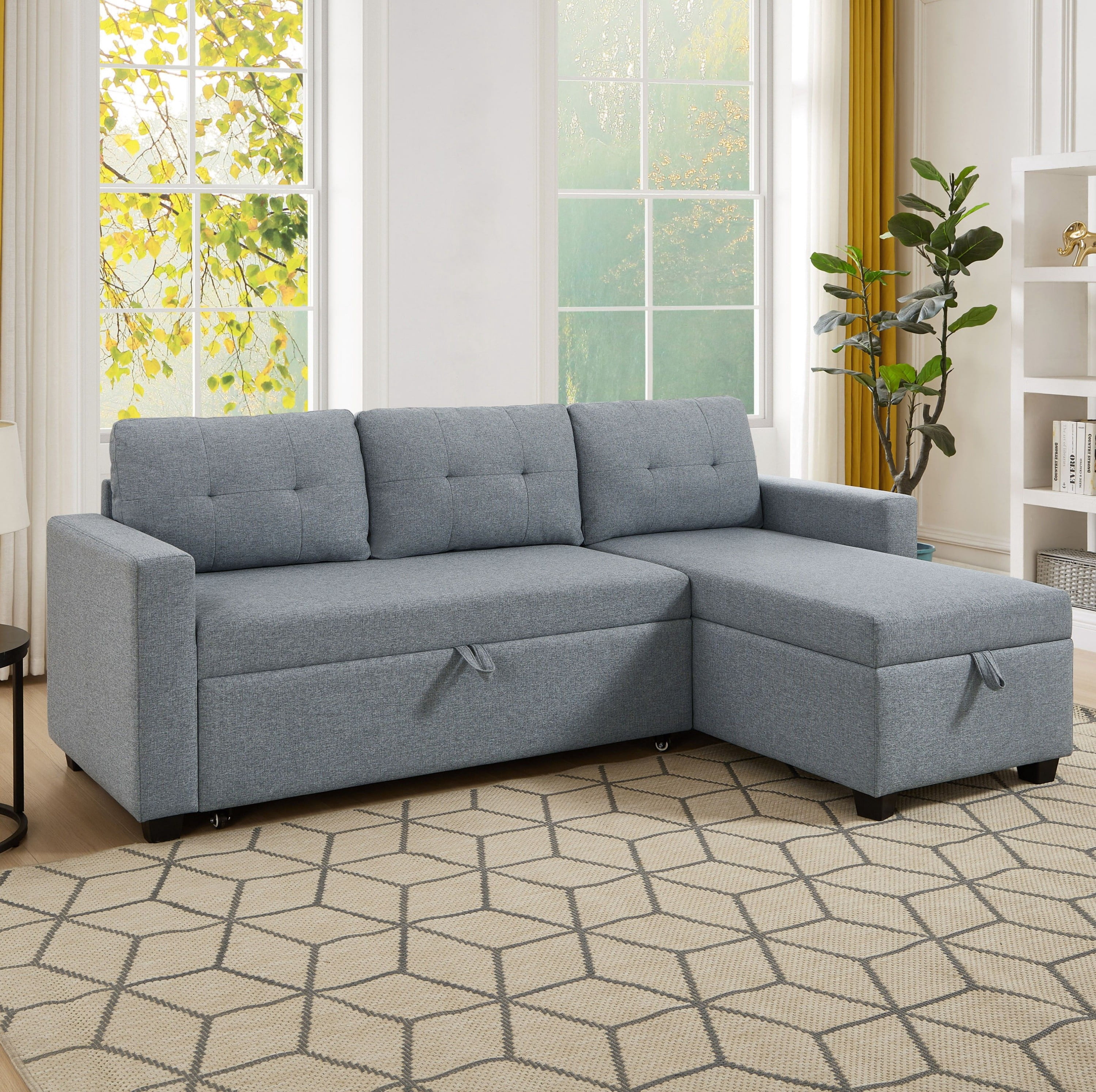 4-in-1 Convertible L Shaped Sleeper Sofa with Pull Out Bed and Storage Chaise, Linen Sectional Corner Couch with Removable Back Cushions for Living Room, Apartment, Bedroom,Office,Light Grey