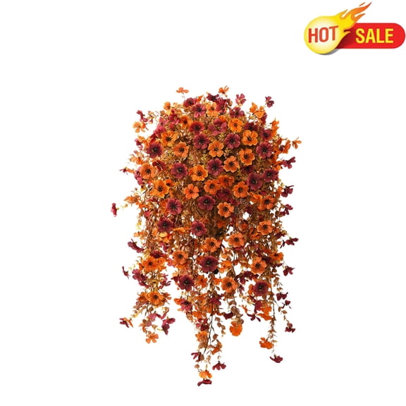 Qocolcyl Fall Red Artificial Fake Mums Hanging Flowers Plants Basket for Outdoor Autumn Decoration, Fake Silk Orange Planters UV Resistant Look Real for Home Patio Balcony Yard Porch Decor