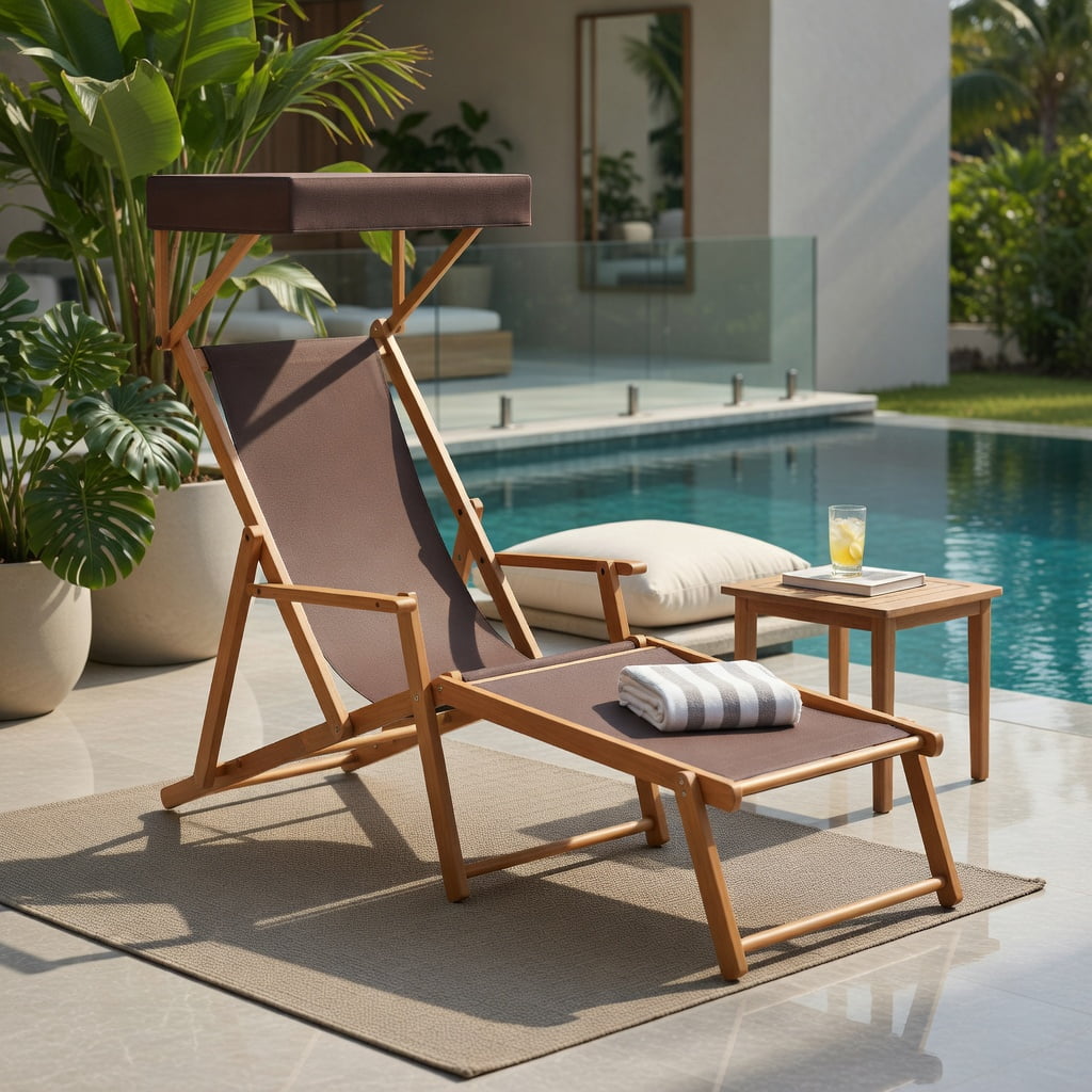 Hommoo Foldable Birch Wood Chaise Lounge Chair with Adjustable Canopy, Outdoor Beach Chair for Patio, Poolside & Garden, Brown