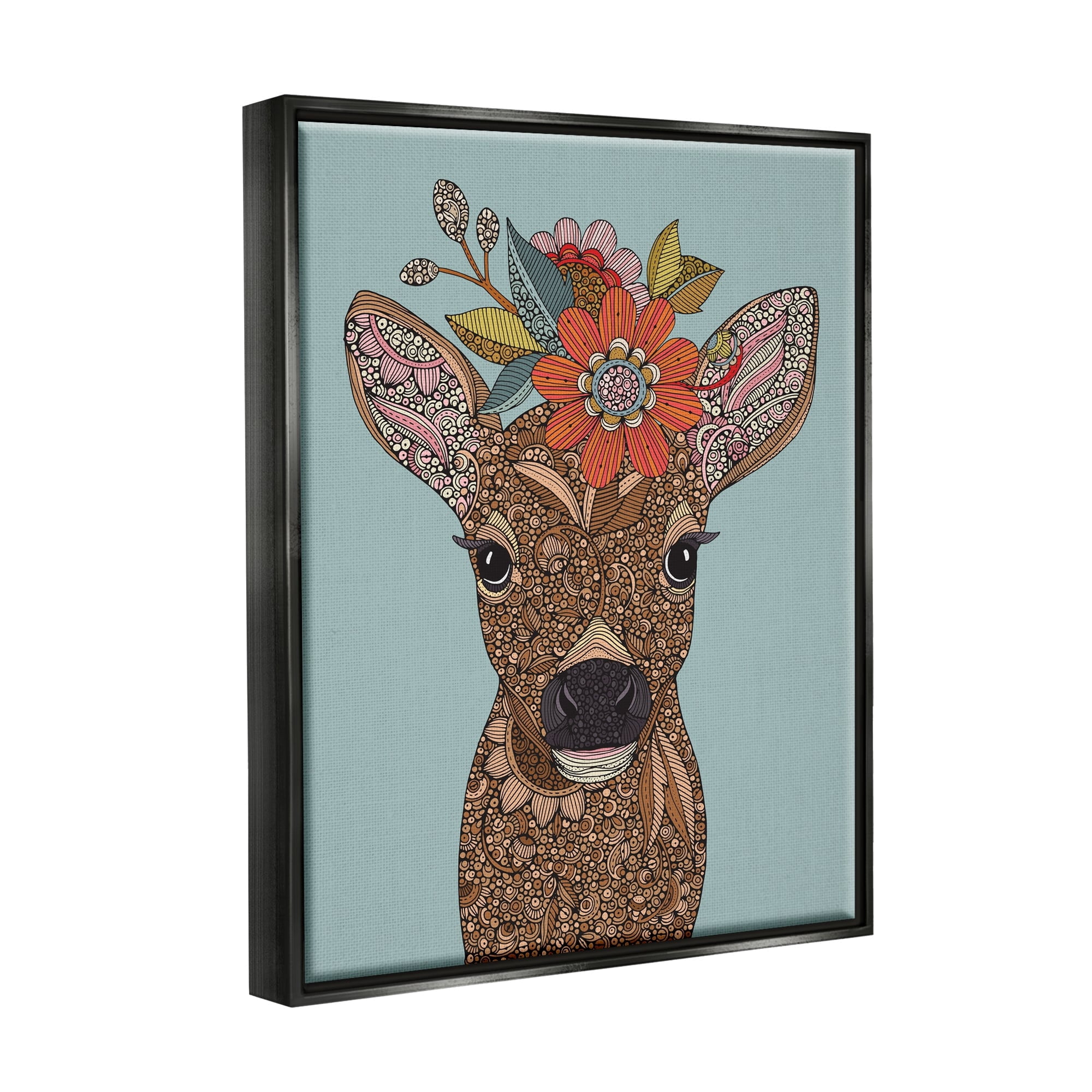 Stupell Industries Baby Deer Fawn Flower Crown Intricate Paisley Designs Graphic Art Jet Black Floating Framed Canvas Print Wall Art, Design by Valentina Harper