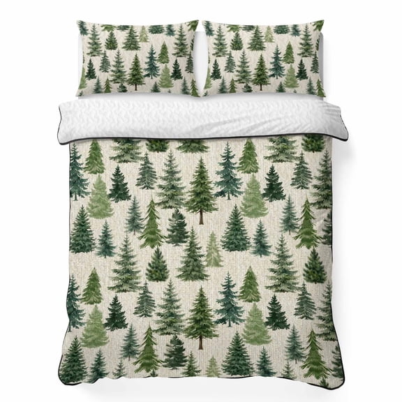 Quilts Queen Size Bedding Set, Christmas Tree Lightweight Quilted Comforter, Winter Xmas Green Pine Trees Forest Vintage Reversible Bedspread Coverlet with Pillow Covers for All Season, 90" x 96"