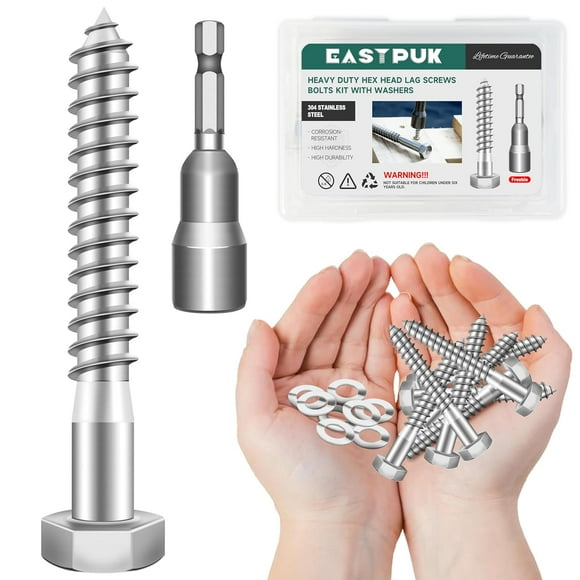 shiyou-(12Sets) 5/16 Bolt, 5/16" x 2-1/2" Hex Head Lag Bolts, Heavy Duty Lag Screws with Washers, 304 Stainless Steel 18-8, 5/16 Bolt for Wood, Partial Thread
