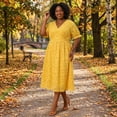 thumbnail image 2 of Agnes Orinda Women's Plus Size Elegant Floral Bubble Short Sleeves V Neck Trendy Mid Dresses 2X Yellow, 2 of 6
