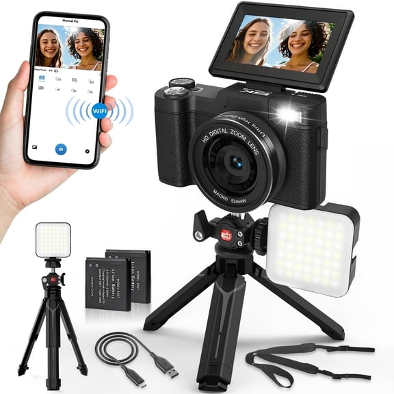 5K Vlogging Camera with WiFi 64MP 4K Digital Camera for Photography Vlog Camera with Flip Screen Video Camera for YouTube with Selfie Light, Desk Tripod, Batteries