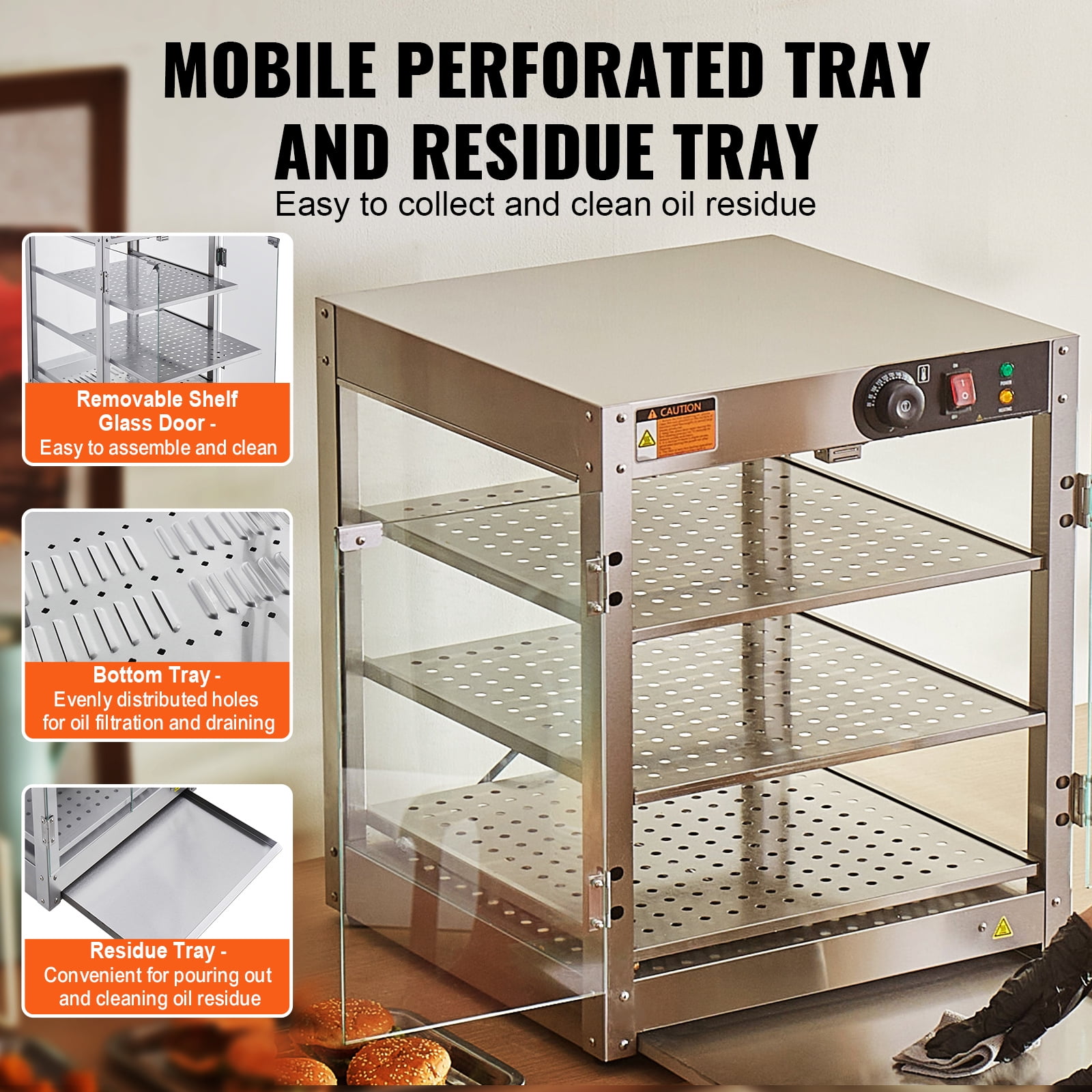 KFFKFF 3-Level Food Heating Showcase, 800W with Illumination for Improved Presentation, Adjustable Heat from 86℉ to 185℉, Spacious 90L Interior for Various Food