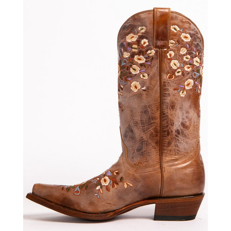 Shyanne Women s Maisie Floral Embroidered Cowboy Leather Boot Snip Toe Brown