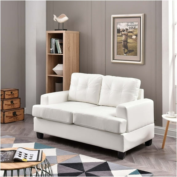 JERFIT 78" White PU Leather Loveseat Sofa, Transitional Style Two-Seater Couch with Saddle Arms for Living Room