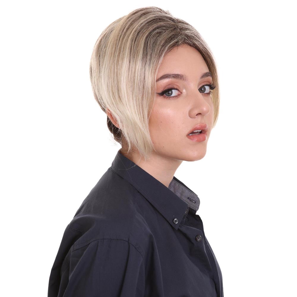 HPO Adult Women's Short Pixie Wig with Blonde Highlights | Light Brown Capless Costume Hair Wig