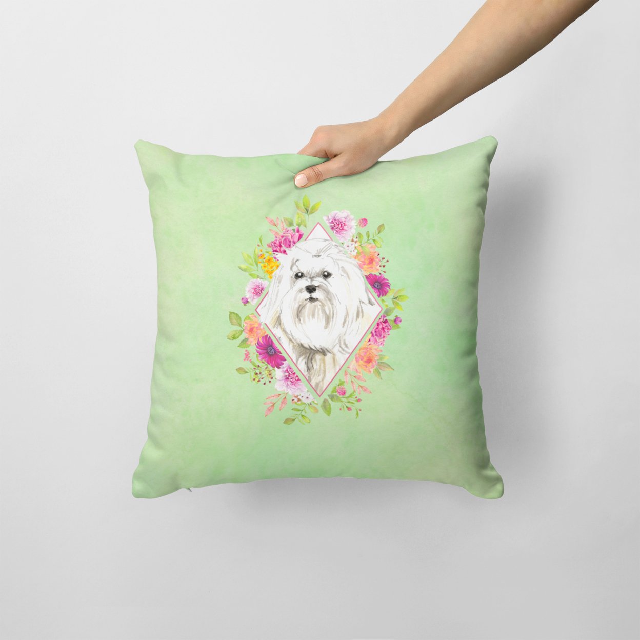 Carolines Treasures CK4383PW1414 Maltese Green Flowers Fabric Decorative Pillow 14Hx14W multicolor