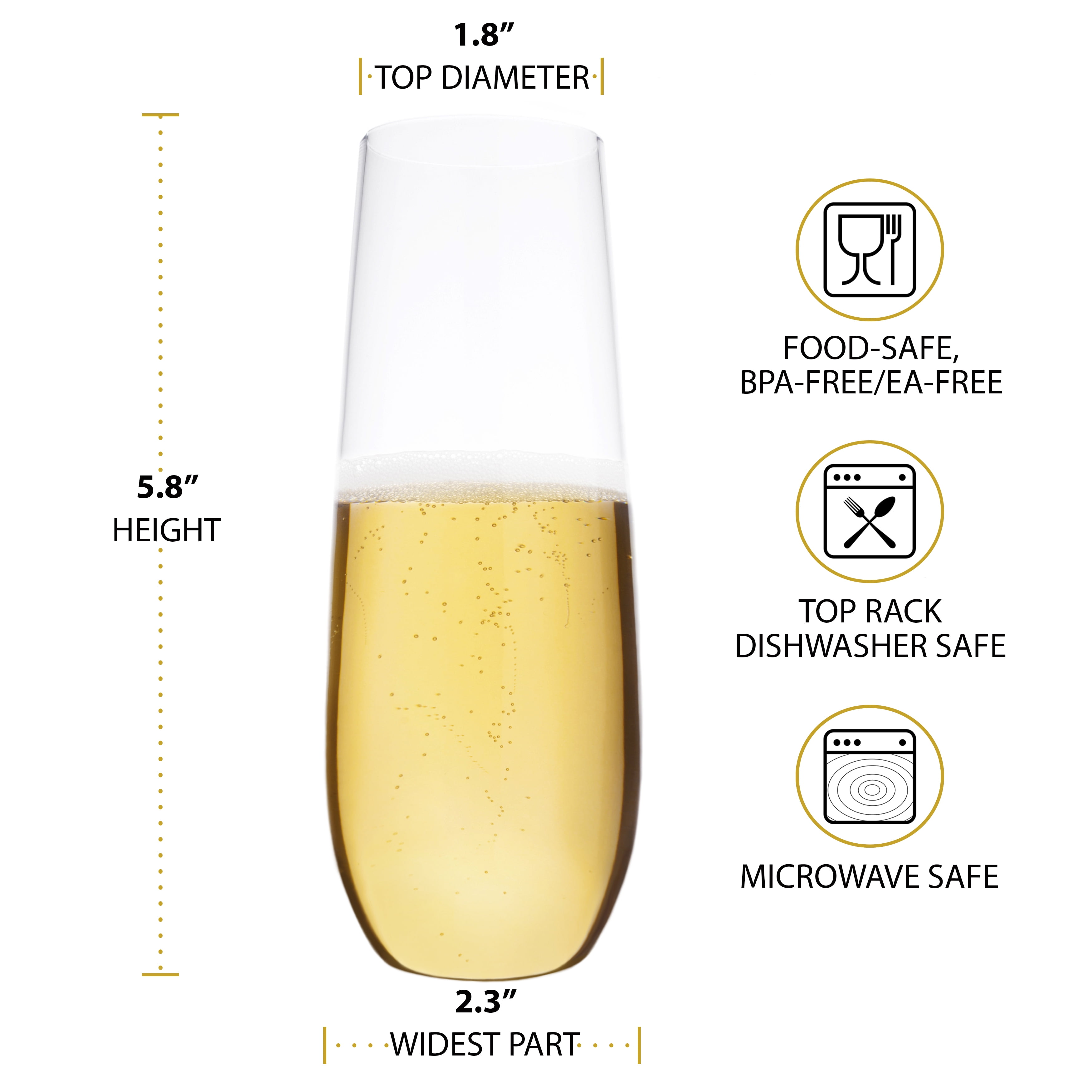 Bravario Plastic Champagne Flutes Set of 8, 8.5 oz Stemless BPA-Free Tritan Glasses