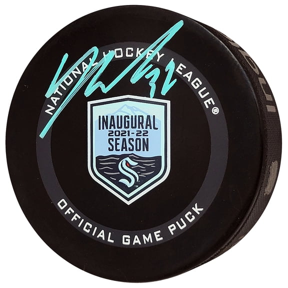 Yanni Gourde Autographed Official Seattle Kraken Inaugural Season Logo Hockey Game Puck Signed In Teal Fanatics Holo 211605