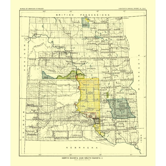 Historic State Map - North Dakota South Dakota - Pierre - Hoen 1896 - 23 x 26.34 - Vintage Wall Art