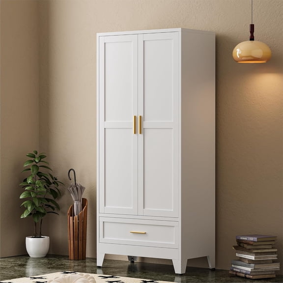 71” Tall Metal Armoire with Hanging Rod, Adjustable Shelf & Drawer, Freestanding Steel Clothing Storage Cabinet with Doors for Bedroom, Office, Apartment