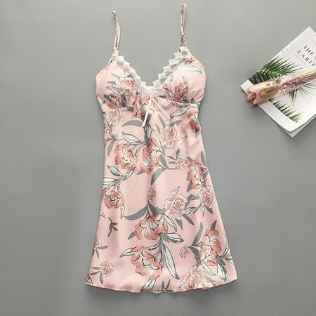

MRULIC intimates for women Women Satin Flower Printint Silk Lingerie Bow Lace Pajamas Sleepwear Nightdress Pink + XL