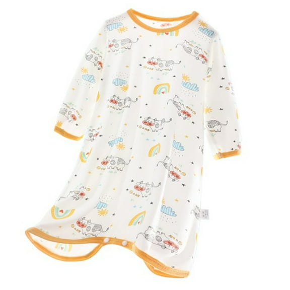 Odeerbi Infant Boys Girls Modal Cotton Nightgowns Summer Nightdress Child Thin Split Leg Rompers Round Neck Long Sleeve Button Printed Home Nightgown Multicolor