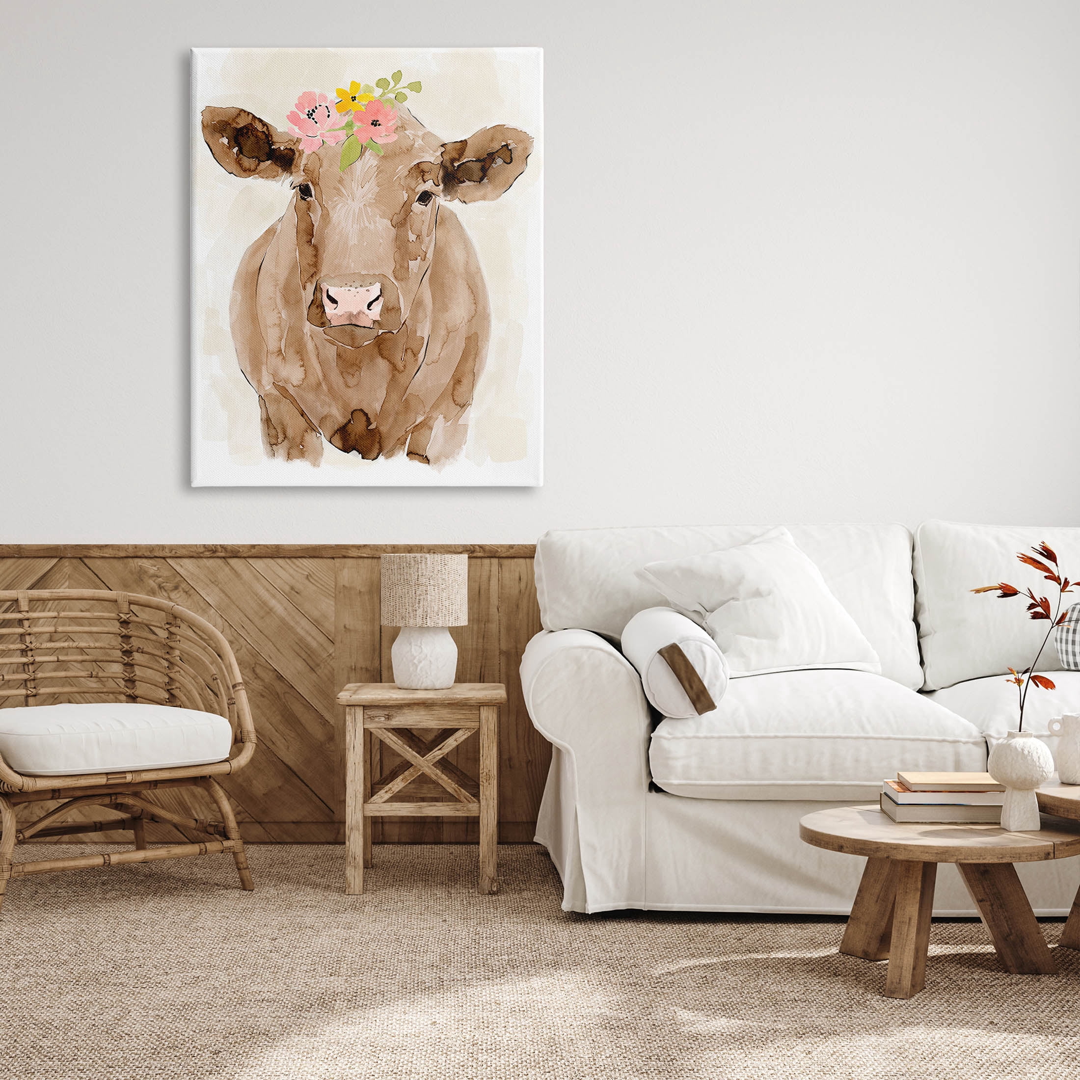 Delicate Blooms Cow Portrait Animals & Insects Graphic Art Gallery Wrapped Canvas Print Wall Art