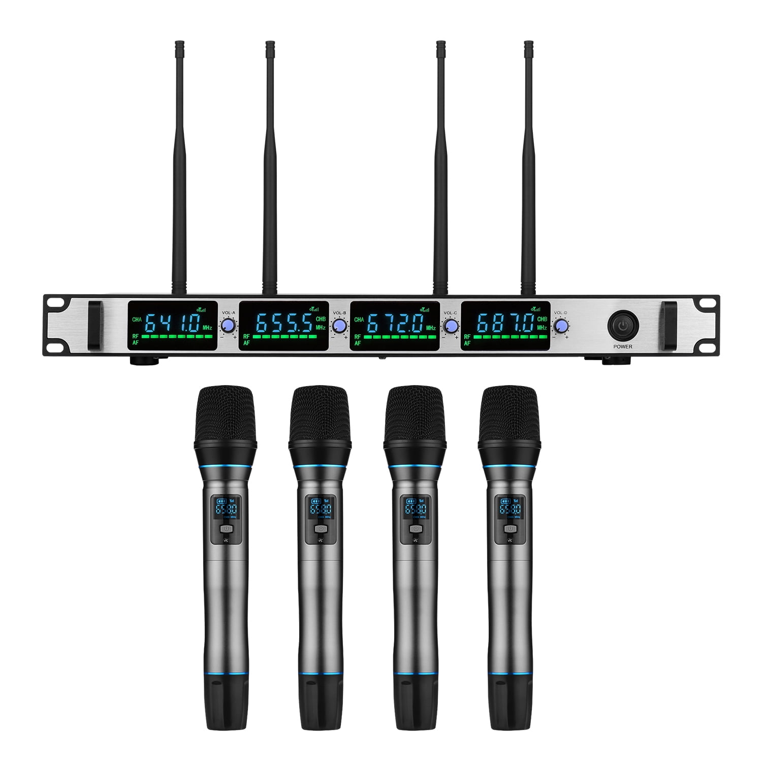 Professional Wireless Microphone System 4-Channel UHF Cordless Mic Set with  4 Handheld Mics & 1 Rack-Mount Receiver for Karaoke Meeting Speech Party 