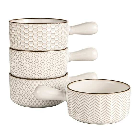Ceramic French Onion Soup Bowls Set - 20 Oz Embossed Soup Crocks with Handles - Stoneware  Kitchen Bowl for Beef Stew- Microwave Dishwasher Oven Safe - Set of 4 White