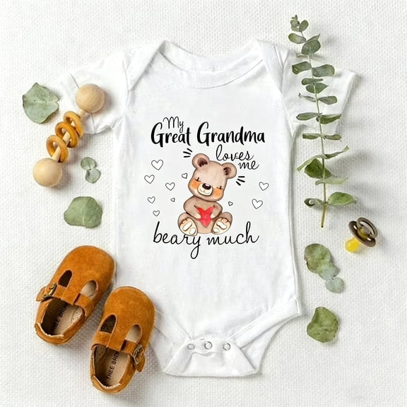 Baby Bodysuit or Onesie with "BEARY MUCH" Great Grandma Quote, Cute Bear Print White Romper, Newborn Essentials & Sentimental Gift from Great Grandchild