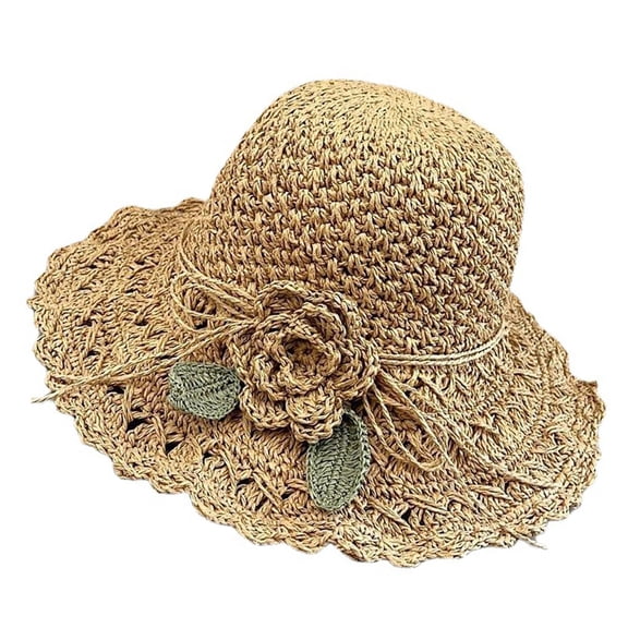 YAYUBA Crochet Straw Hat With Ruffle Detail Crochet Hats for Women Summer Beach Hand Woven Sun Hat,Khaki