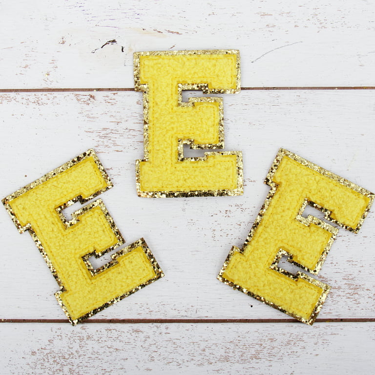3 Pack Chenille Iron On Glitter Varsity Letter C Patches - Yellow Chenille  Fabric With Gold Glitter Trim - Sew or Iron on - 8 cm Tall 