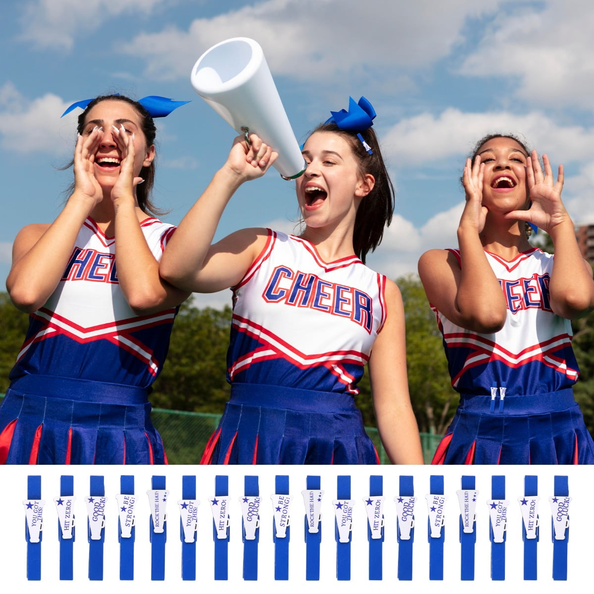 100 Pcs Cheerleading Spirit Pins Bulk Wooden Motivational Badges Blue Team Pins with Inspirational Quotes for Cheer Squad, Sports Events, Backpack Accessories and Team Support Gifts