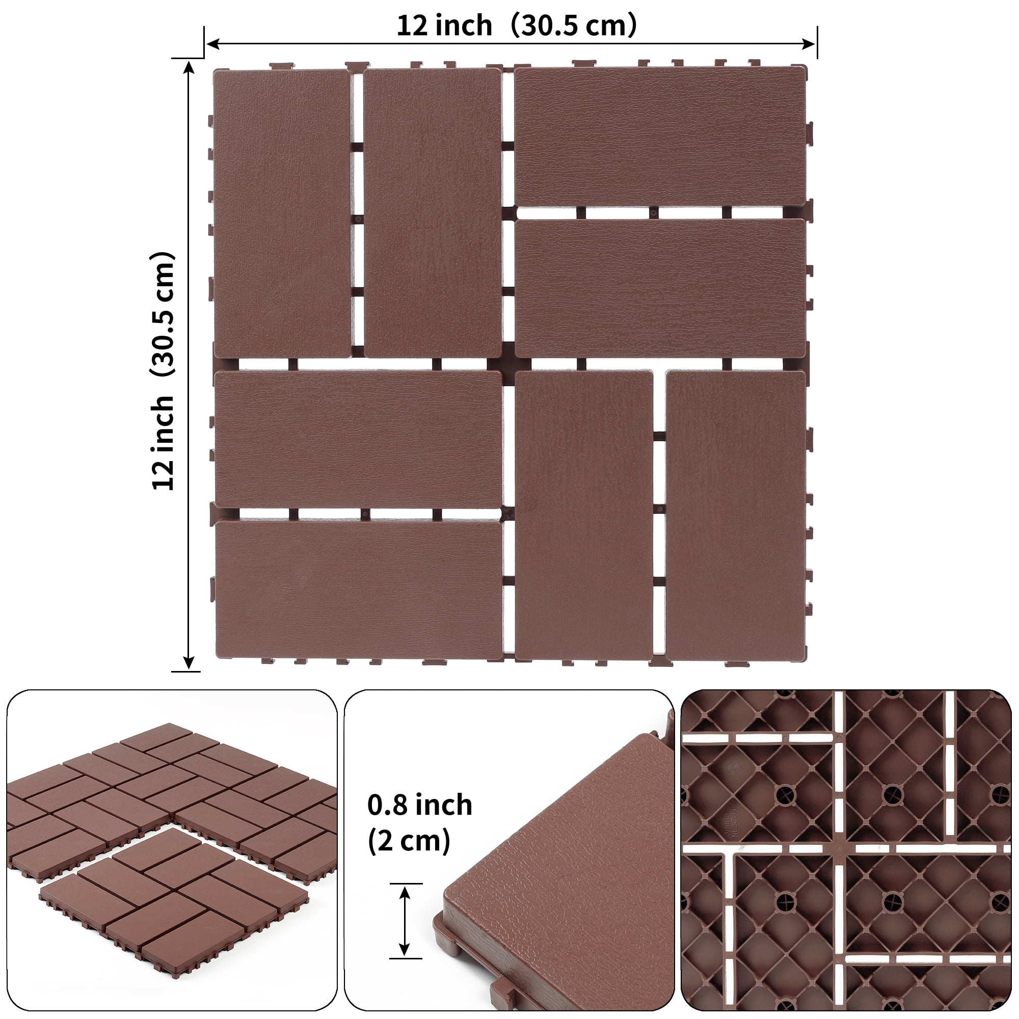 44 Pack Plastic Interlocking Deck Tiles,12"x12" Waterproof Indoor/Outdoor Floor Tiles,All-Weather Patio Floor Decking Tiles for Garden,Lawn,Porch,Poolside,Balcony,Checker Style,Brown