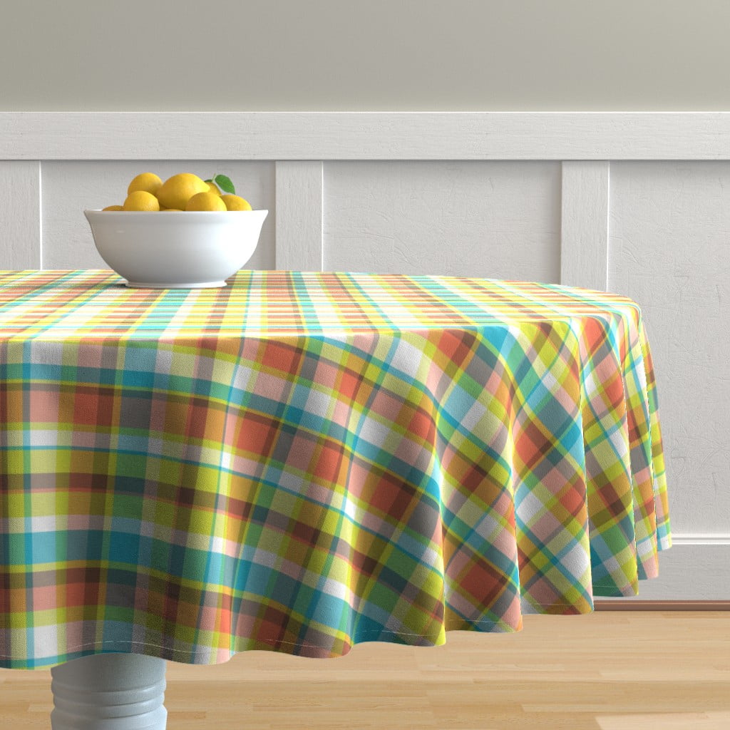 Round Tablecloth Madras Plaid Summer Check Picnic Peach Aqua Weave
