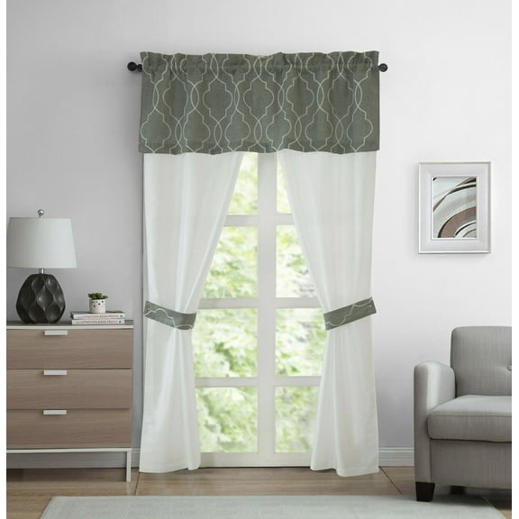 Complete 5 Piece Custom Trellis Chic Semi Sheer Window in a Bag Curtain Set - Silver/White