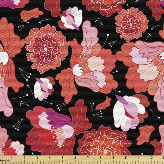 Floral Upholstery Fabric by the Yard, Flourishing Flowers Summer Garden Botany Concept Abstract Illustration, Decorative Fabric for DIY and Home Accents, Coral Pink Black by Ambesonne