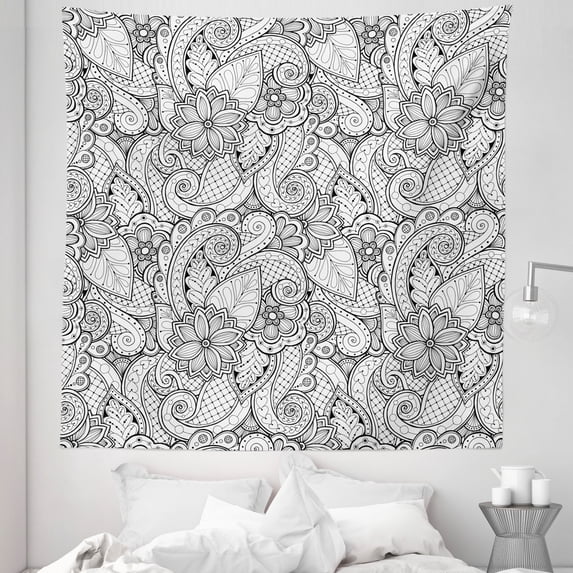Ethnic Tapestry, Monochrome Flowers Hearts and Paisley Motifs Nature Doodle with Influences, Fabric Wall Hanging Decor for Bedroom Living Room Dorm, 5 Sizes, Black White, by Ambesonne