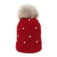thumbnail image 2 of Naierhg Beanie Faux Pearls Decor Plush Ball Rhombus Texture Hemming Winter Hat Women Solid Color Riding Knitted Beanie Cap Costume AccessoriesRed, 2 of 8