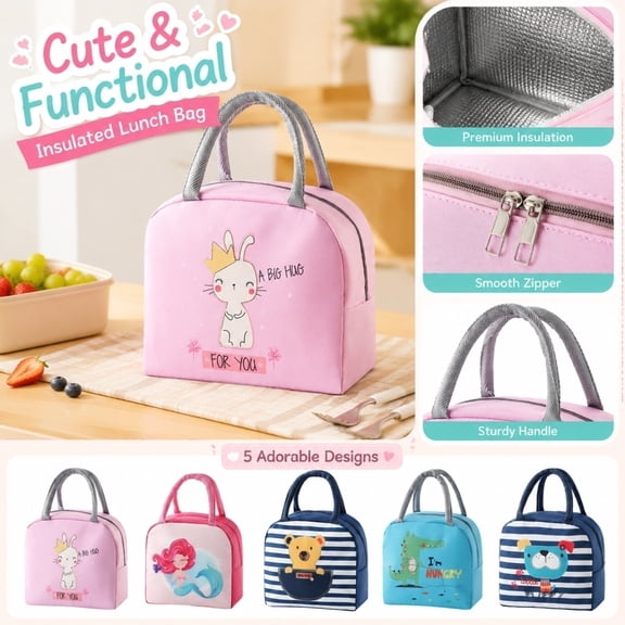 Clearance! Lunch Bag Leakproof Zipper Cartoon - Insulated Thermal Tote with Handle, Perfect Lunch Box Bag and Storage Bag for Kids School Picnic,Pink