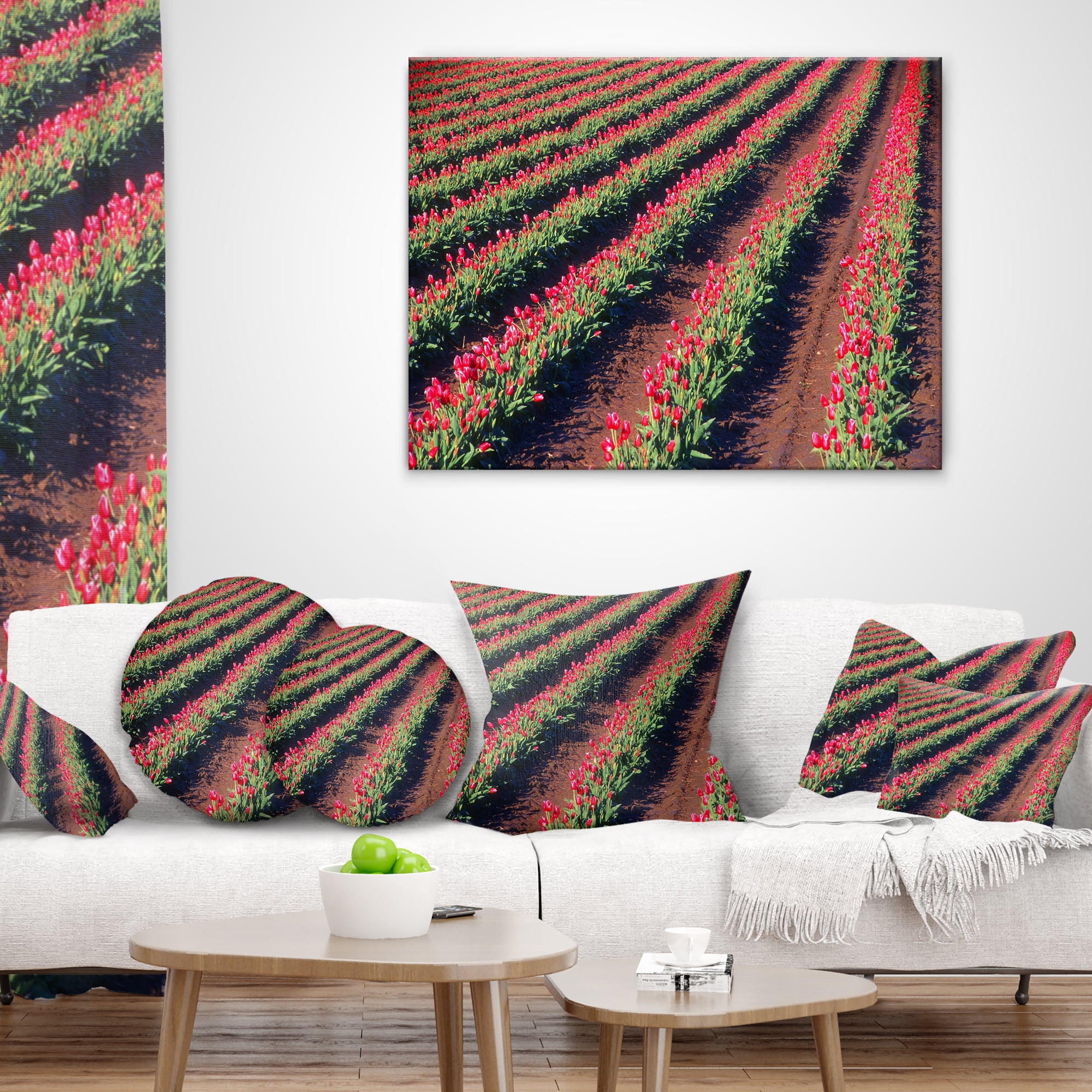 Designart Beautiful Field of Red Tulip Flowers - Landscape Printed Throw Pillow - 12x20