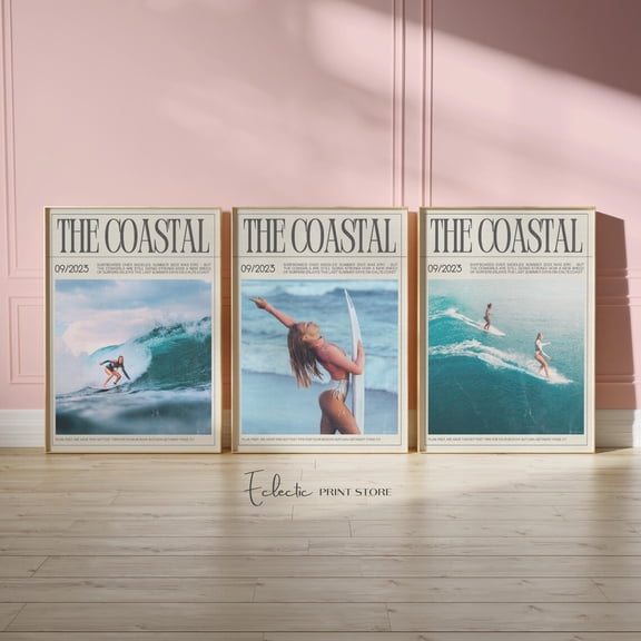 Luvia Surf Set Of 3 Prints Coastal Cowgirl Magazine Trendy Coastal Art Surfer Girl Poster Trendy Newspaper Art, Modern Wall Decor Set 3 Prints 8x12 UNFRAMED