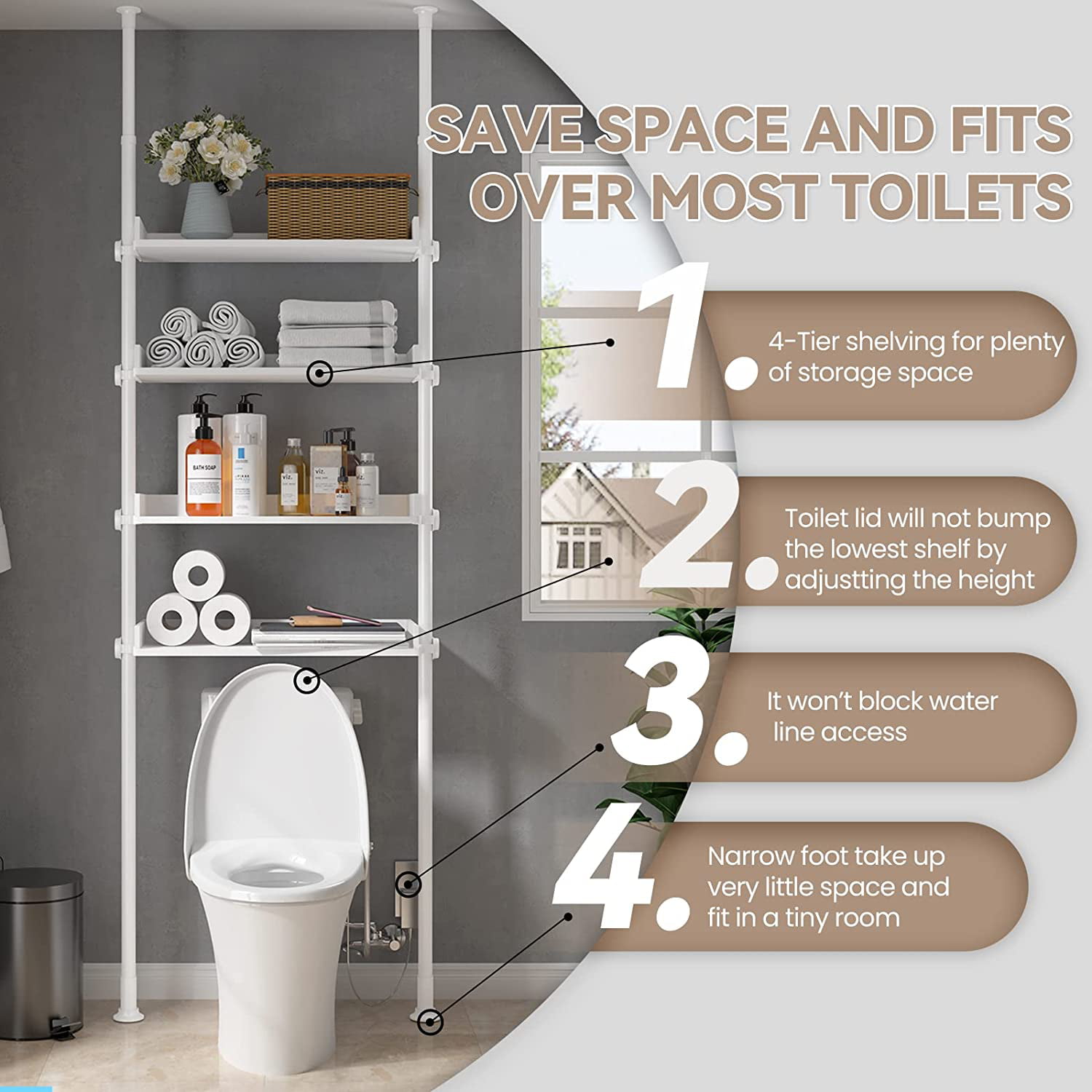 No Drilling, Over The Toilet Storage Rack ALLZONE 4 Tier Over Commode Shelving 