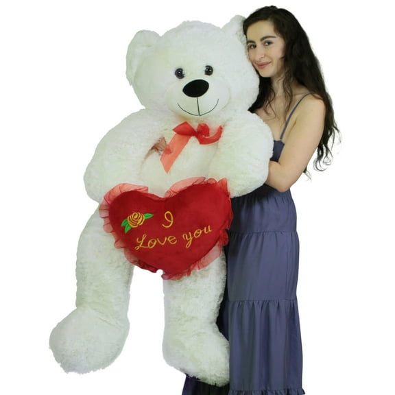 Valentine's Day Giant White Teddy Bear 52 Inch Soft Big Plush Bear Holds I Love You Heart Pillow