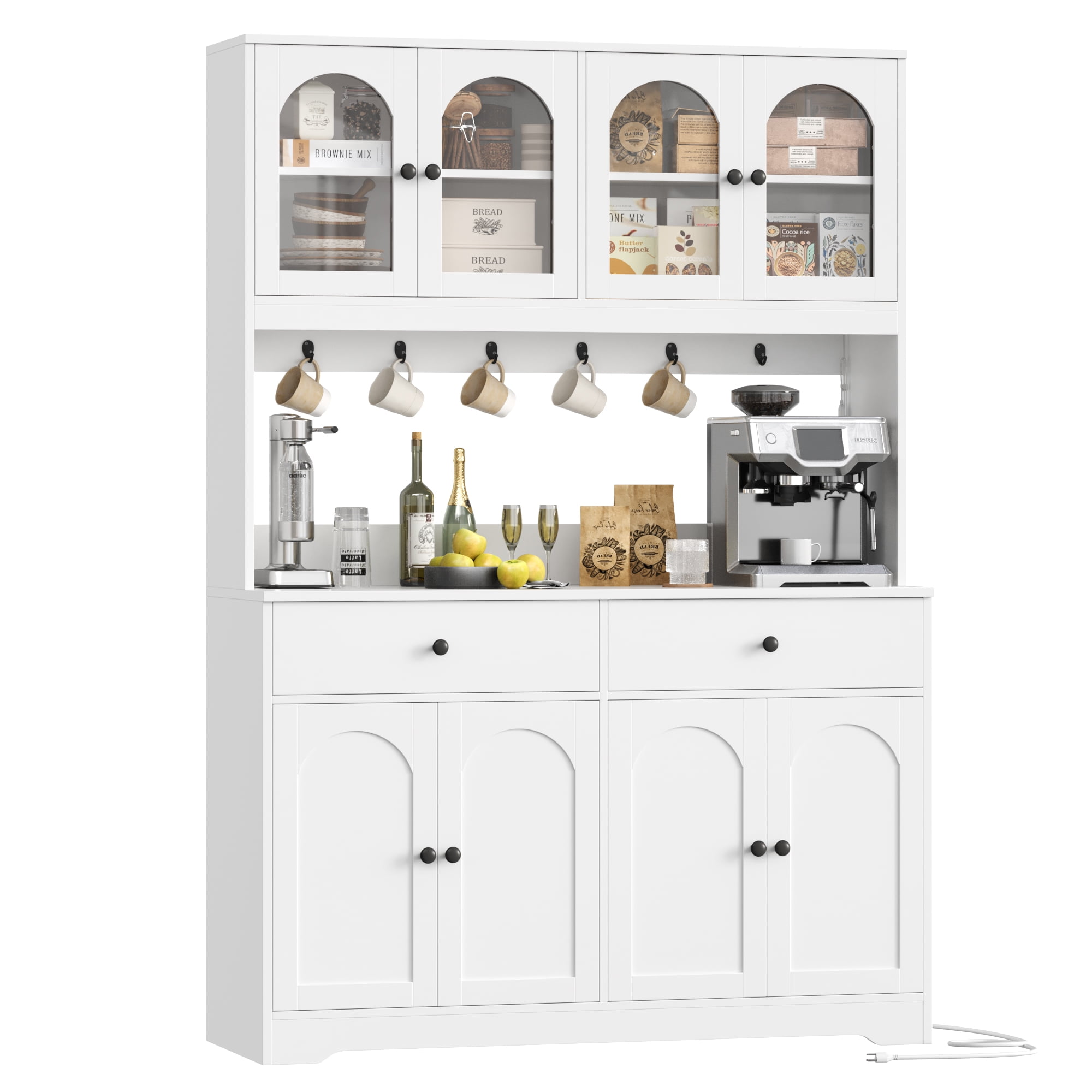 Homfa 71" Kitchen Pantry with LED Lights and Charging Station, Freestanding Kitchen Cupboard with Storage and Microwave Stand, Floor Cabinet for Dining Living Room, White