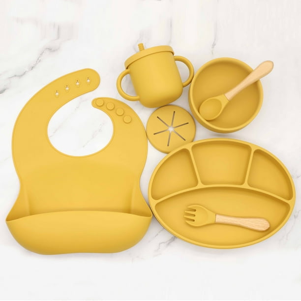 Babero de silicona para bebé, plato dividido, cuenco redondo, cuchara, tenedor, juego de taza sin tirantes para refrigerio dos en uno