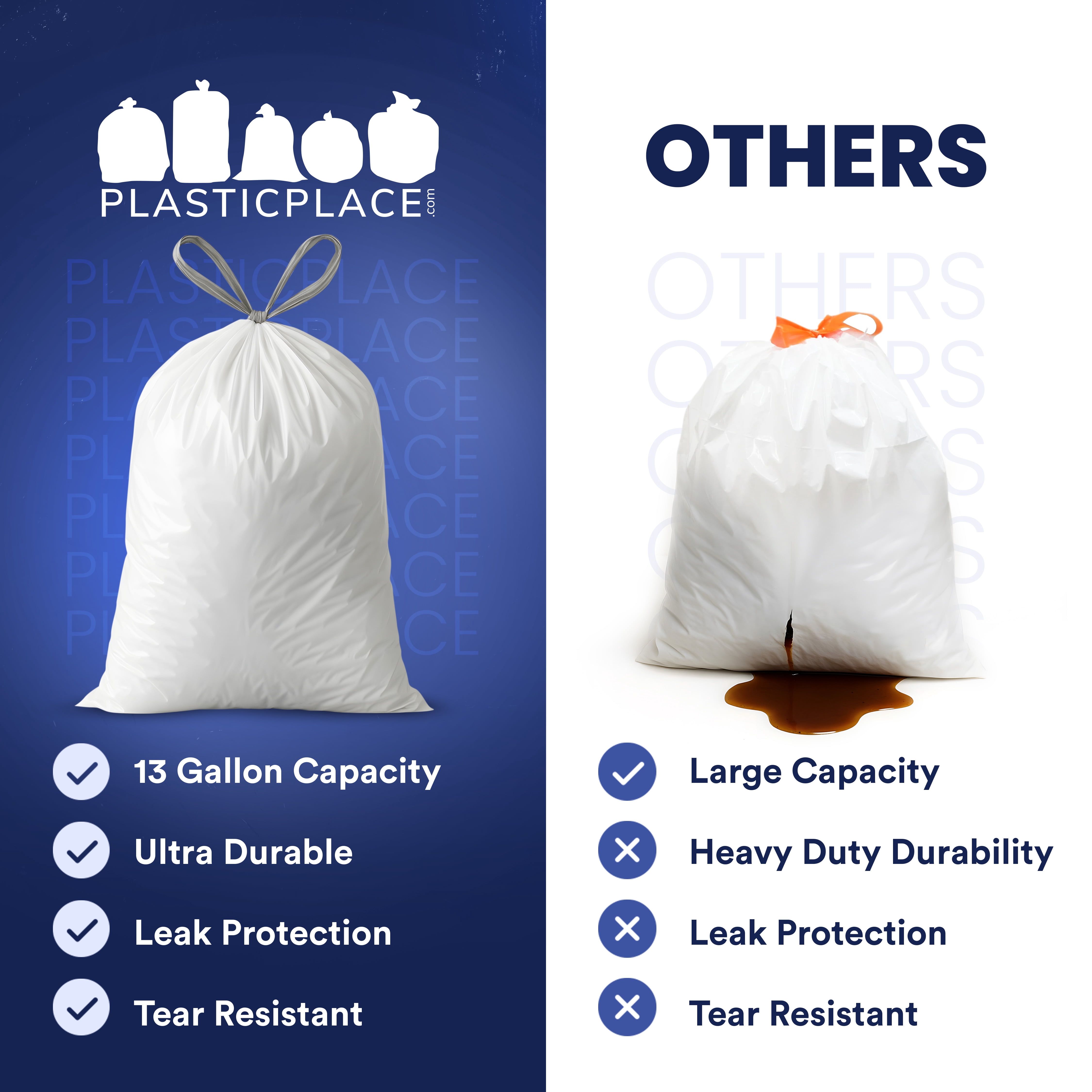 Plasticplace 13 Gallon Trash Bags │ 0.9 Mil │ White Tall Garbage Can Liners │ 24" x 27" (200 Count)