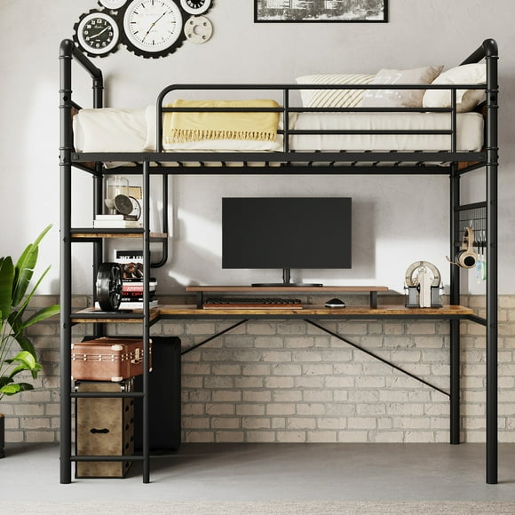 Lit Superposé Simple sur Simple avec Bureau pour Adulte/enfants, Lit Mezzanine de 78 Pouces de Hauteur avec Bureau et Échelle en Dessous, Lits Mezzanine avec Garde-Corps Haut, Brun/noir