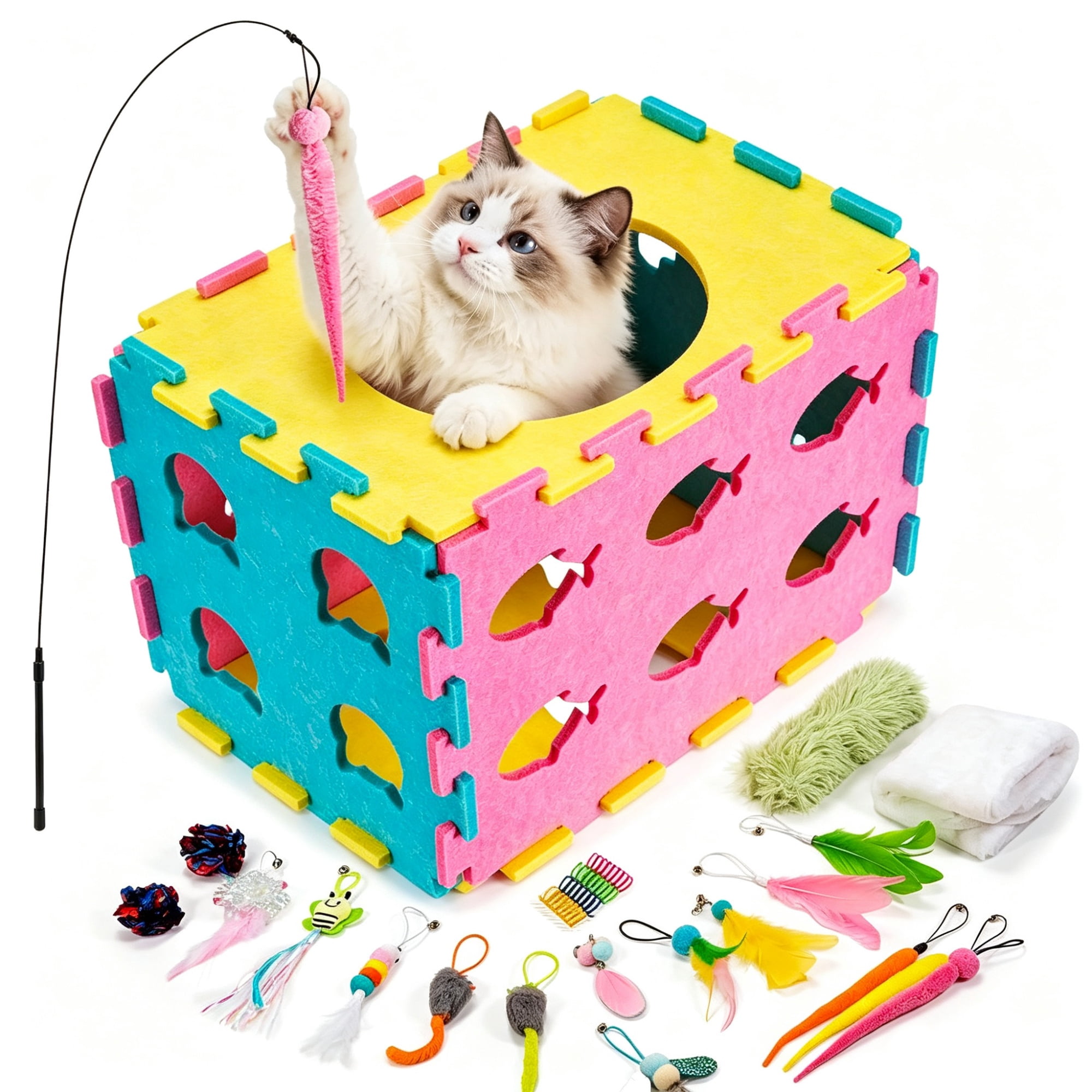 URRU Interactive Cat Toy Feather Toys Playhouse for Indoor Cats,Kitten Toys with Soft Cushion, Catnip Toys,Plush Mice,Feather Wand,Springs and Balls for Indoor Kittens,Cube