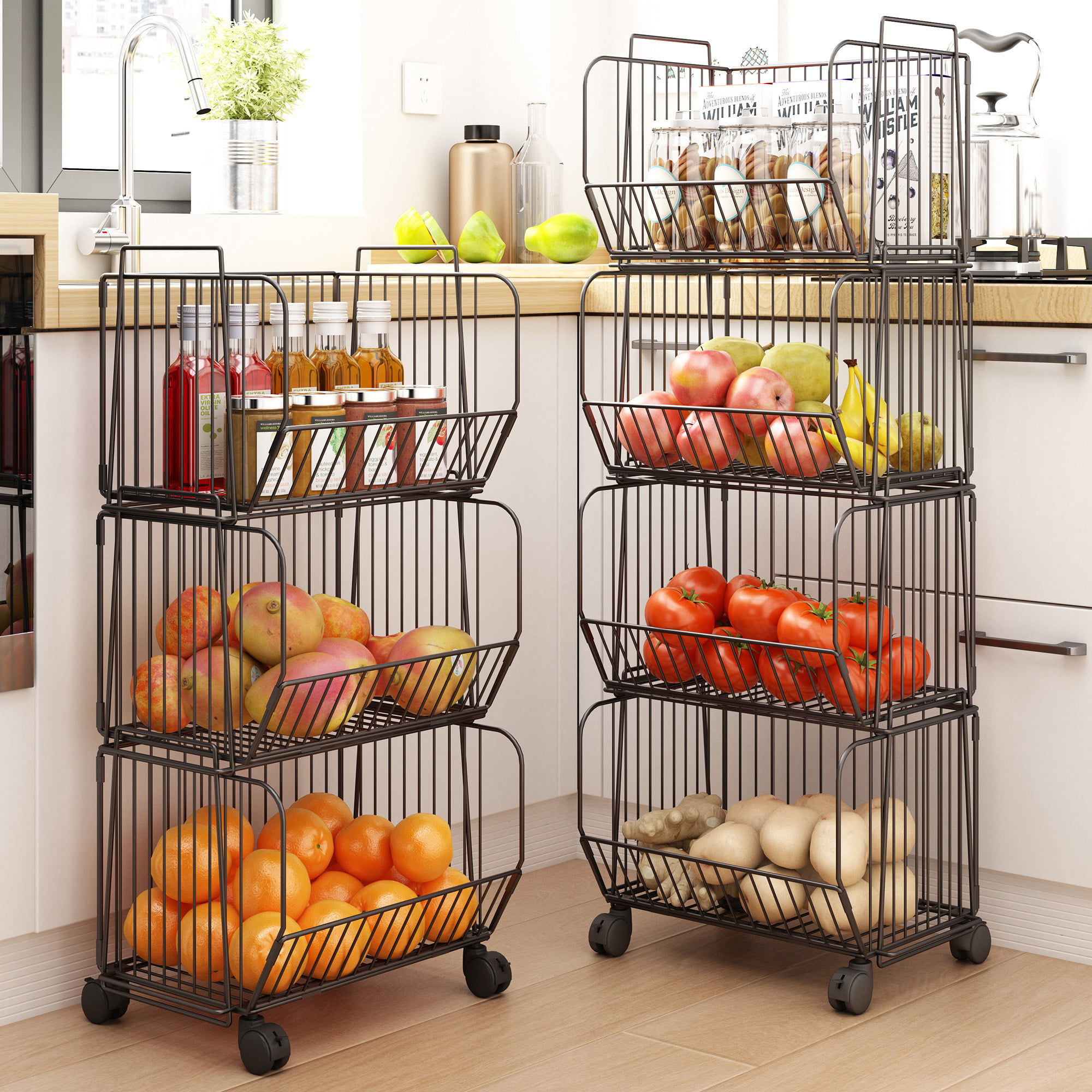 1Easylife Fruit Basket, Rolling Stackable Metal Wire Basket Cart with 2  Free Baskets5-Tier / Silver