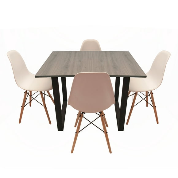 CASA FERRO Comedor moderno para 4 personas, patas de acero negro horneado - Blanco y MDF color Nogal. (CON 4 SILLAS EAMES BLANCAS). CASA FERRO Comedor estilo Industrial
