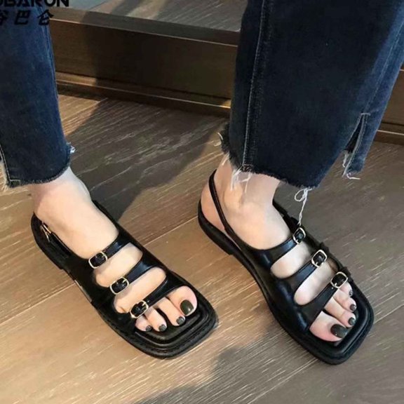 AXXD Black Sandals for Women Clearance Under $10 Summer Sandals Casual One-button Flats